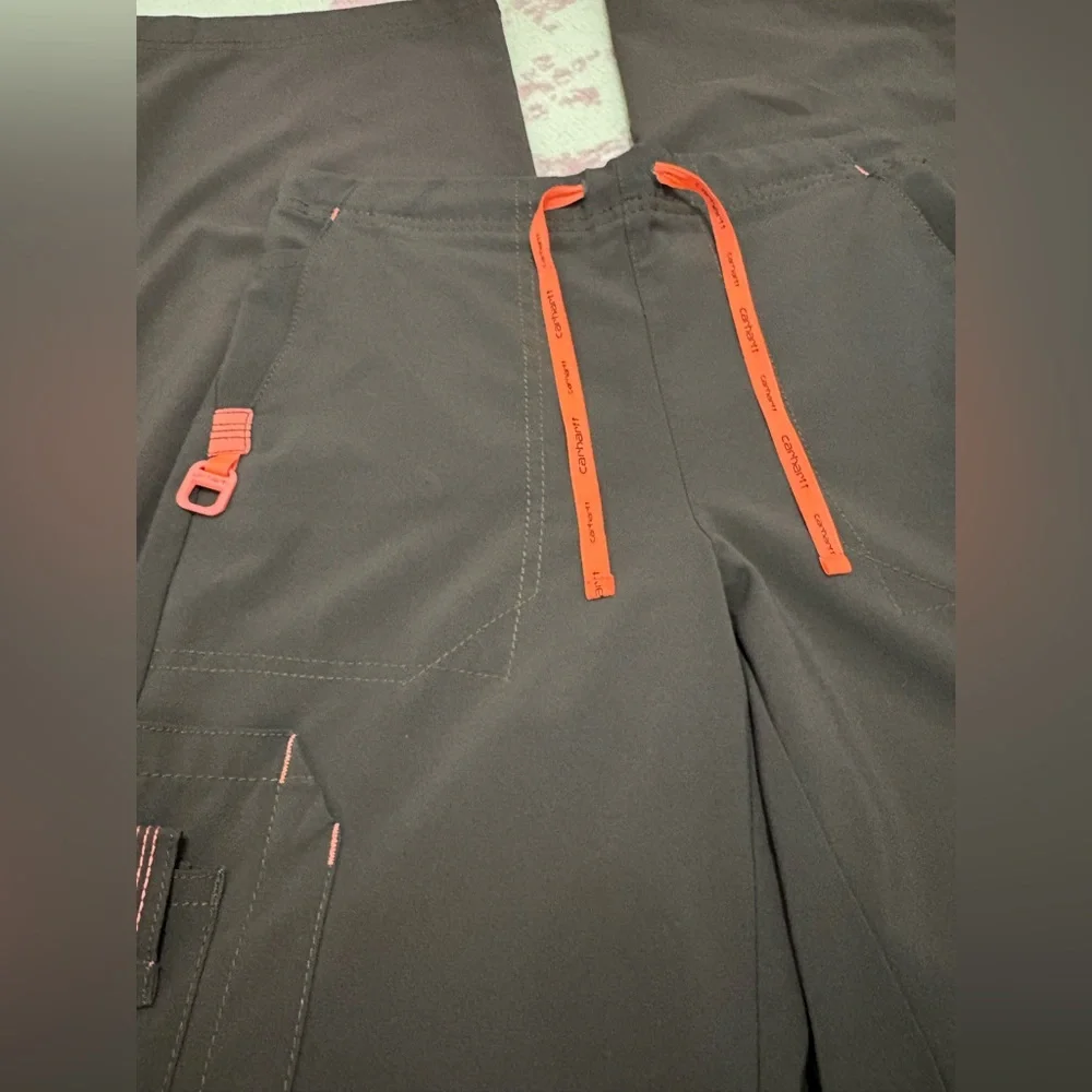 Carhartt Force Dark Brown Cargo Scrub Pants with Bright Orange Drawstring XS - Picture 2 of 11